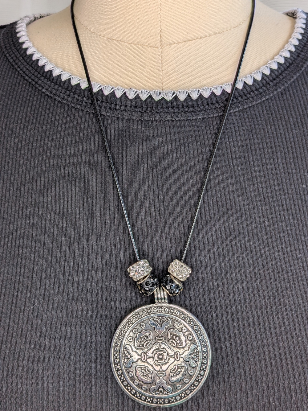 Boho Silver Mandala Pendant Cord Necklace Rhinestone Crystal Accents